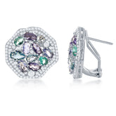 Sterling Silver Large Hexagon w/ Center Lavender, Amy, Emerald, & BT CZ's w/ CZ Border Earrings